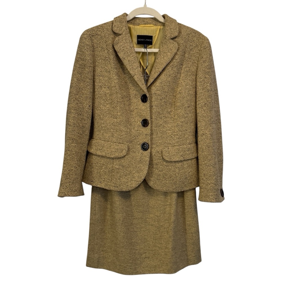 VTG 90s Rena Lange Suit Set Jacket Skirt Beige Wool Knit Tweed 2 Piece US 12